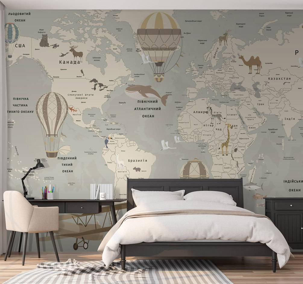 Map of the world with airplanes and animals Map of the world with airplanes and animals