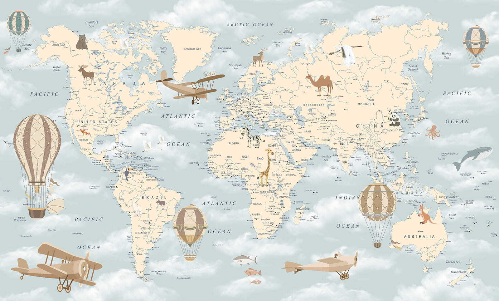 Map of the world with different animals and birds