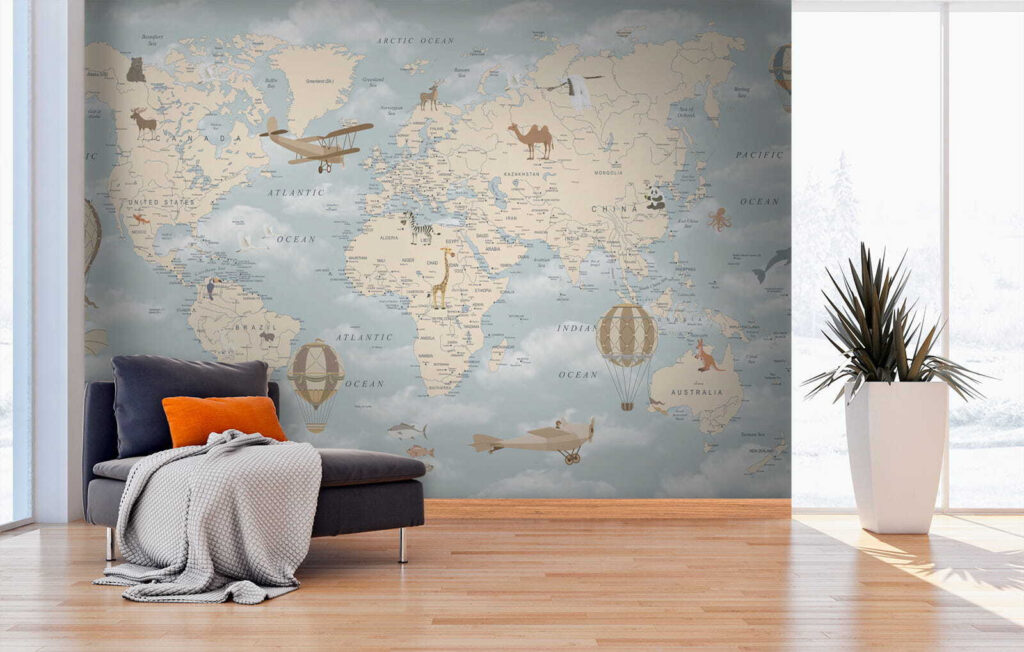 Map of the world with different animals and birds