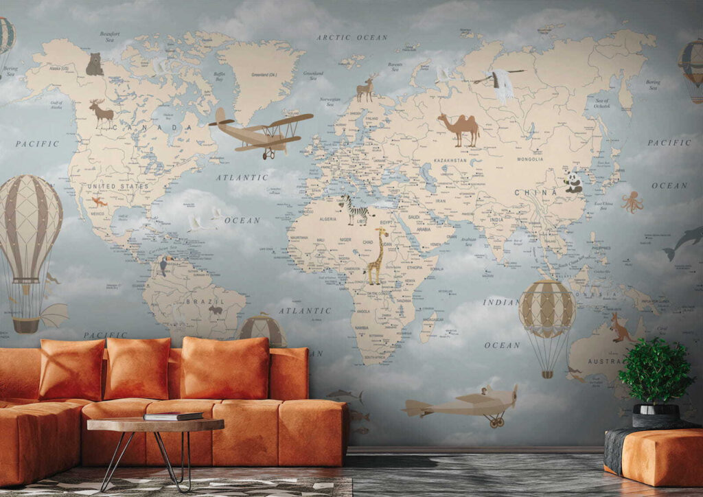 Map of the world with different animals and birds