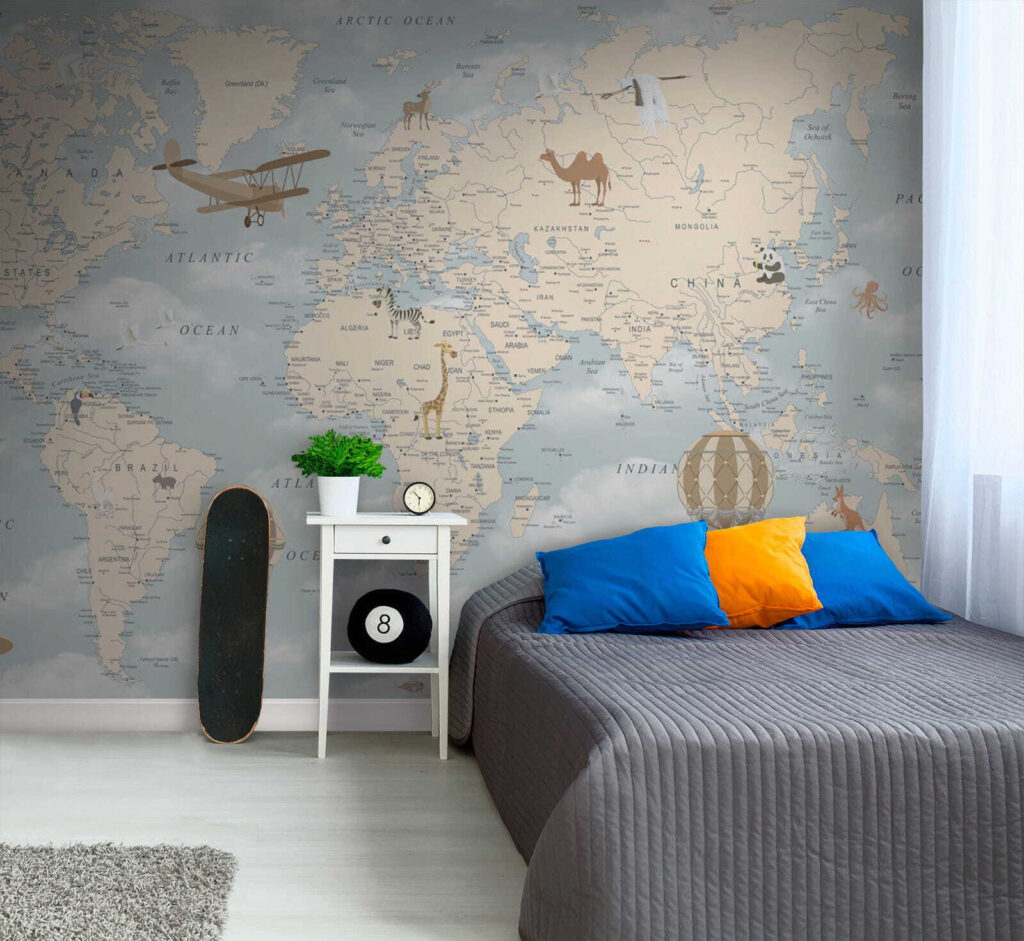 Map of the world with different animals and birds