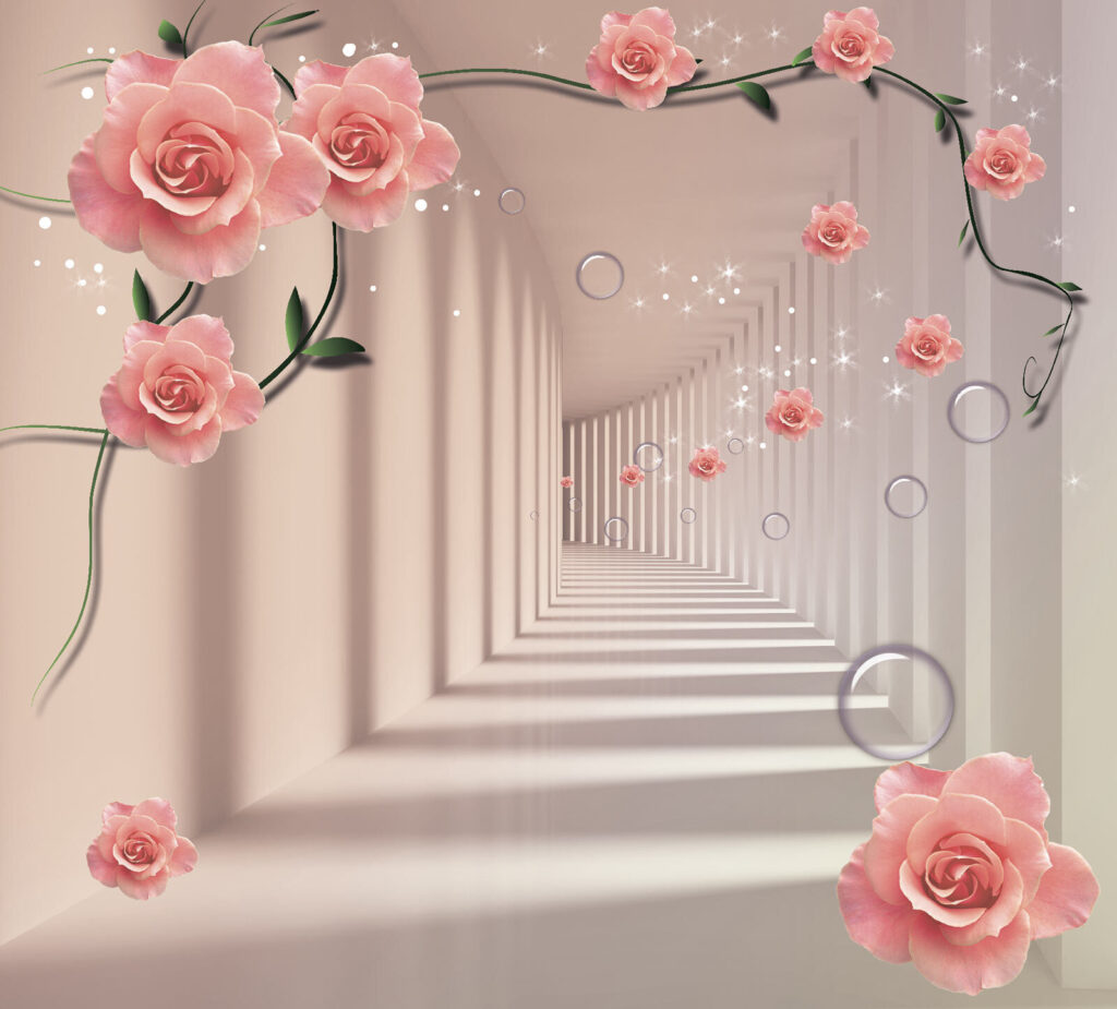 Behang met roze rozen en witte trap Behang met roze rozen en witte trap