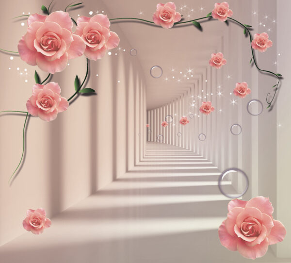 Behang met roze rozen en witte trap Behang met roze rozen en witte trap