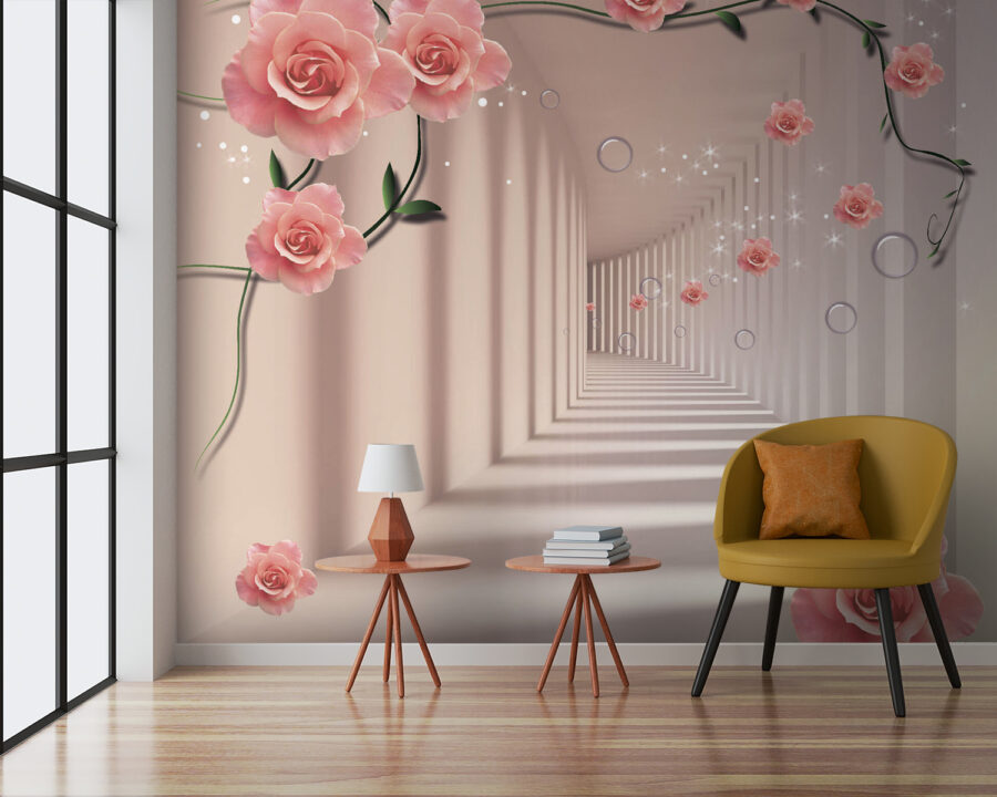 Behang met roze rozen en witte trap