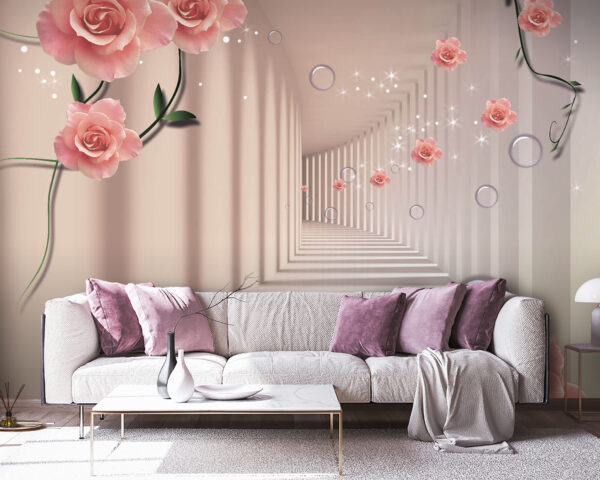 Behang met roze rozen en witte trap Behang met roze rozen en witte trap