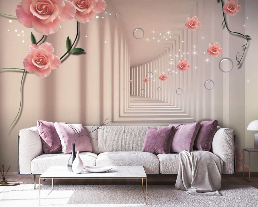 Behang met roze rozen en witte trap