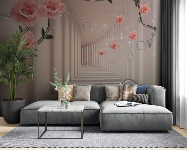 Behang met roze rozen en witte trap Behang met roze rozen en witte trap