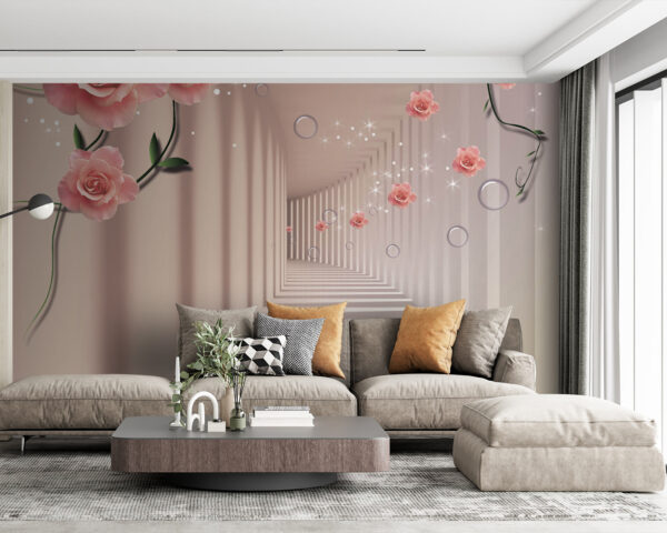 Behang met roze rozen en witte trap Behang met roze rozen en witte trap