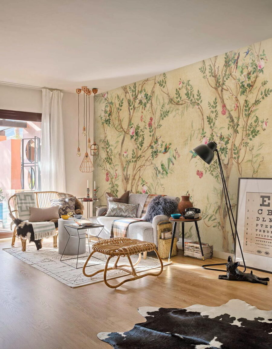 Behang met vogels en bloemen