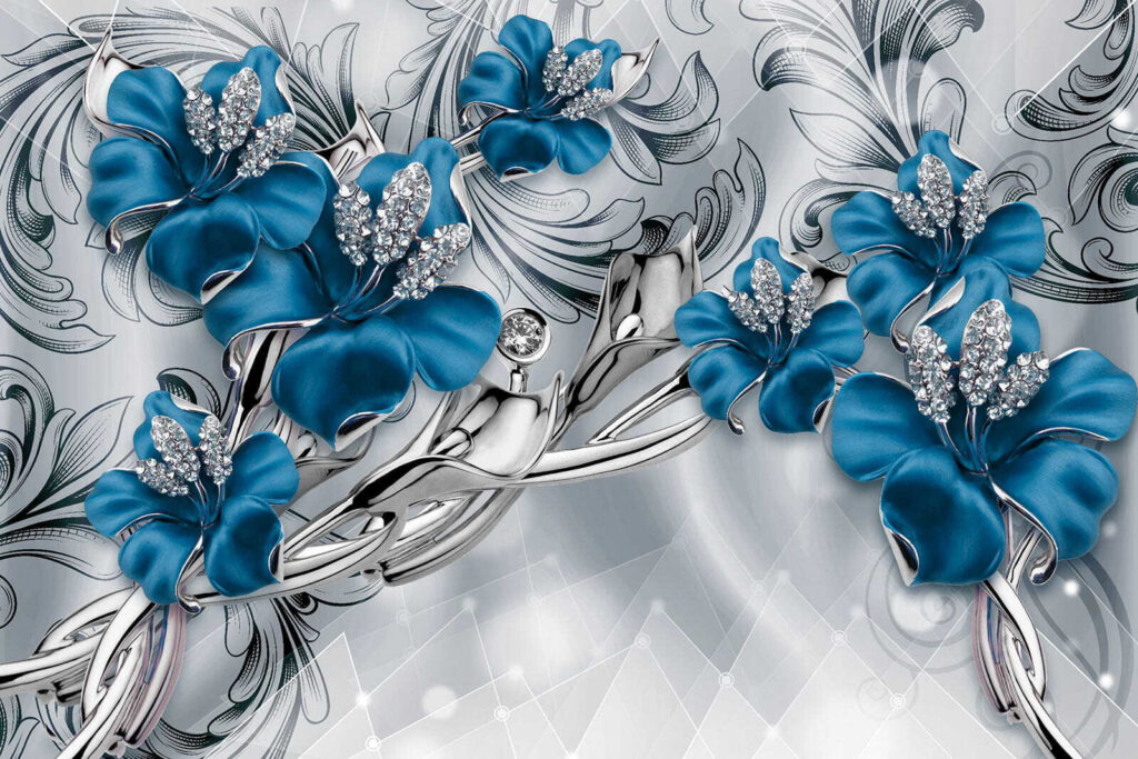 Zilveren en blauwe bloemen op een zilveren en zwarte achtergrond Zilveren en blauwe bloemen op een zilveren en zwarte achtergrond