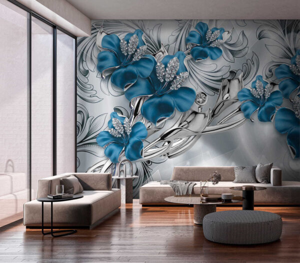 Zilveren en blauwe bloemen op een zilveren en zwarte achtergrond Zilveren en blauwe bloemen op een zilveren en zwarte achtergrond