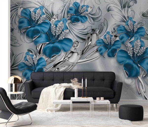 Zilveren en blauwe bloemen op een zilveren en zwarte achtergrond Zilveren en blauwe bloemen op een zilveren en zwarte achtergrond