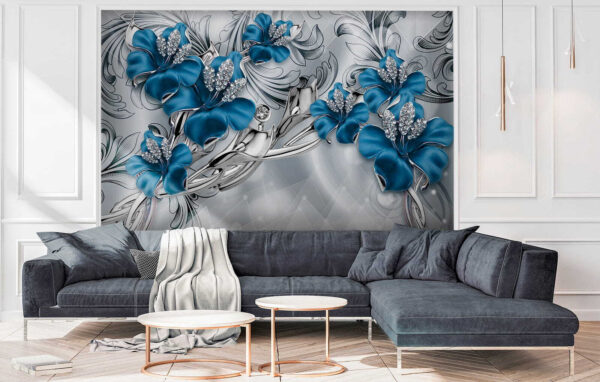 Zilveren en blauwe bloemen op een zilveren en zwarte achtergrond Zilveren en blauwe bloemen op een zilveren en zwarte achtergrond