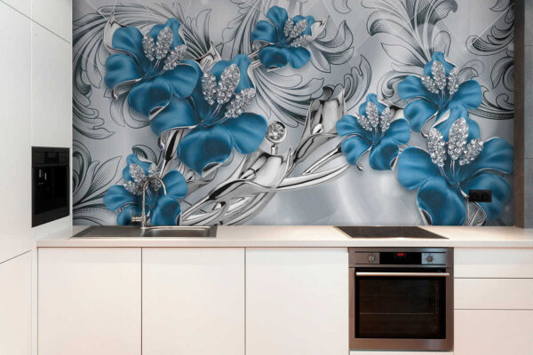 Zilveren en blauwe bloemen op een zilveren en zwarte achtergrond Zilveren en blauwe bloemen op een zilveren en zwarte achtergrond