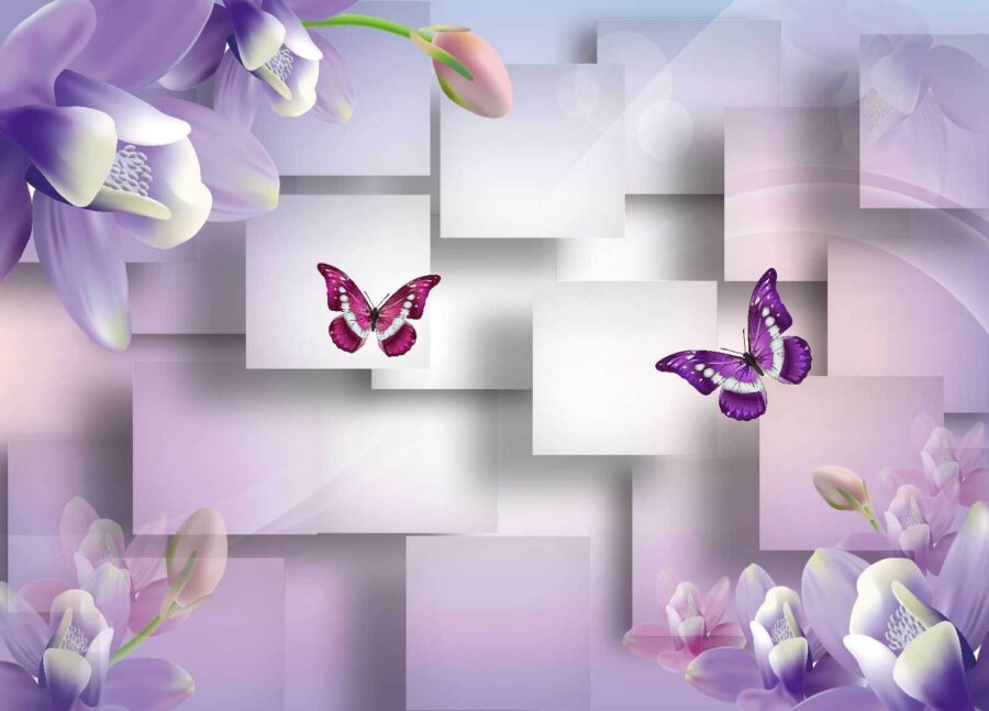 Paarse en witte bloemen en vlinders
