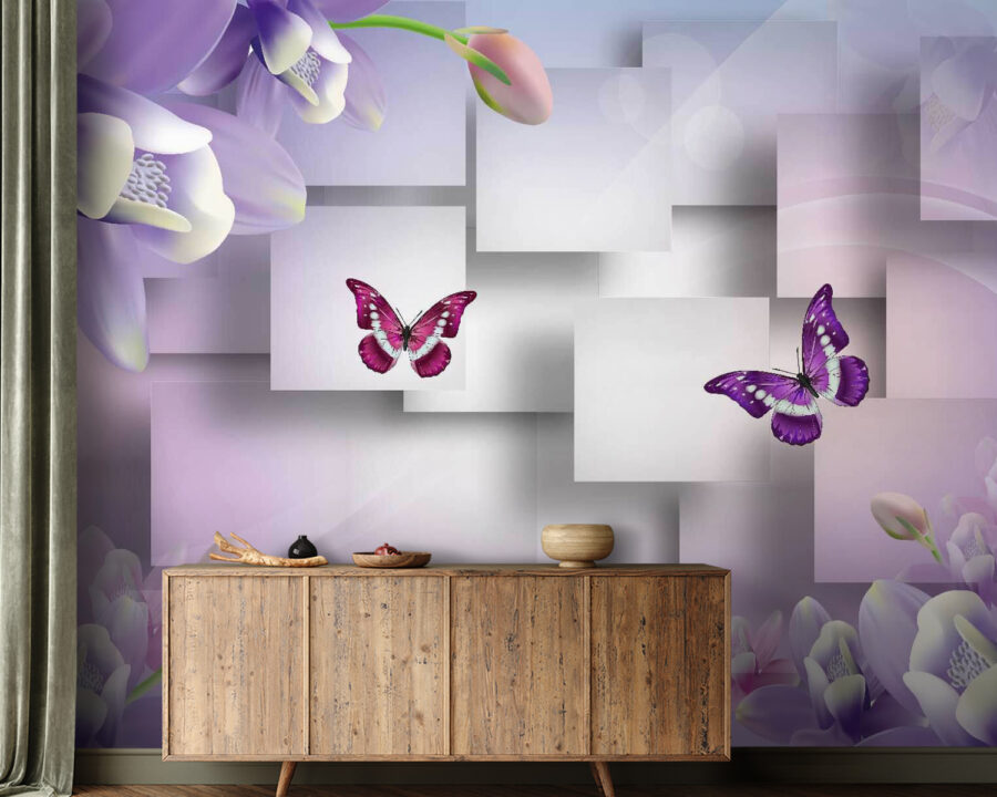 Paarse en witte bloemen en vlinders