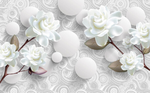 Witte bloemen en cirkels op een witte achtergrond Witte bloemen en cirkels op een witte achtergrond