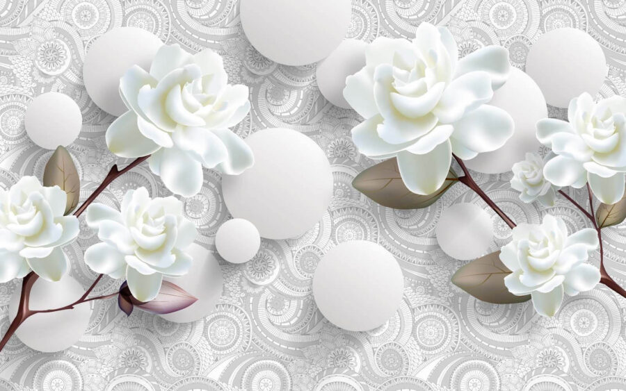Witte bloemen en cirkels op een witte achtergrond Witte bloemen en cirkels op een witte achtergrond
