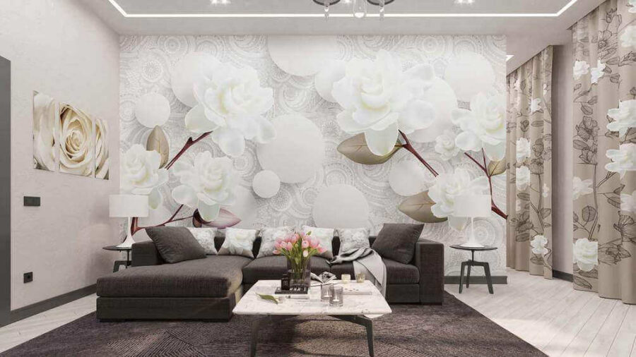 Witte bloemen en cirkels op een witte achtergrond Witte bloemen en cirkels op een witte achtergrond