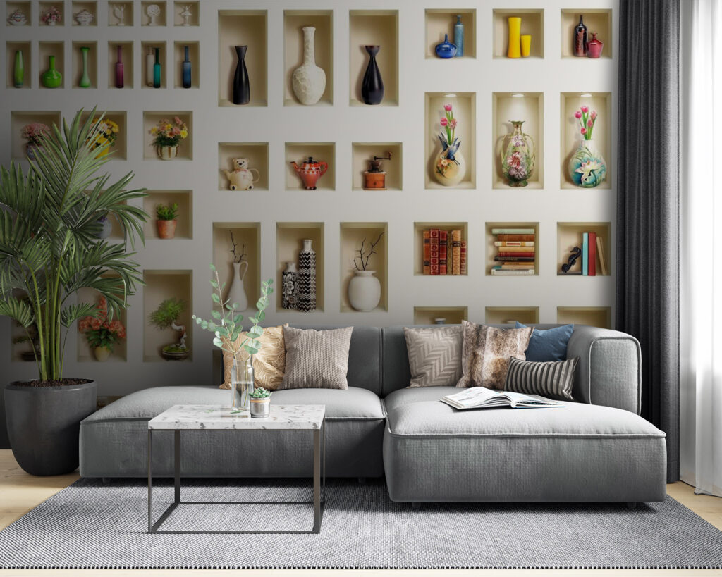 Wall with shelves full of vases and flowers Wall with shelves full of vases and flowers