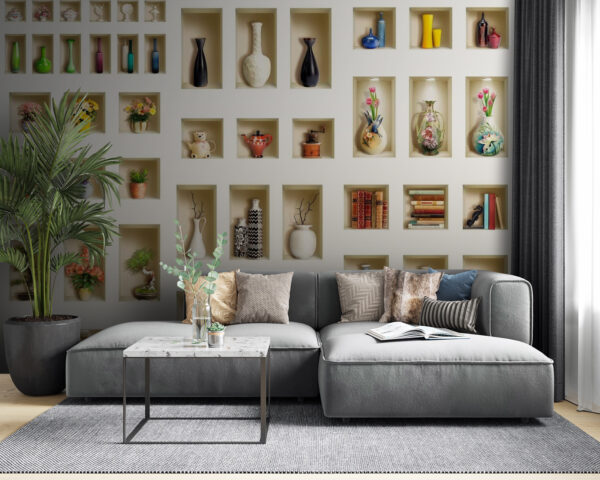Muur met planken vol vazen en bloemen Fotobehang Muur met planken vol vazen en bloemen