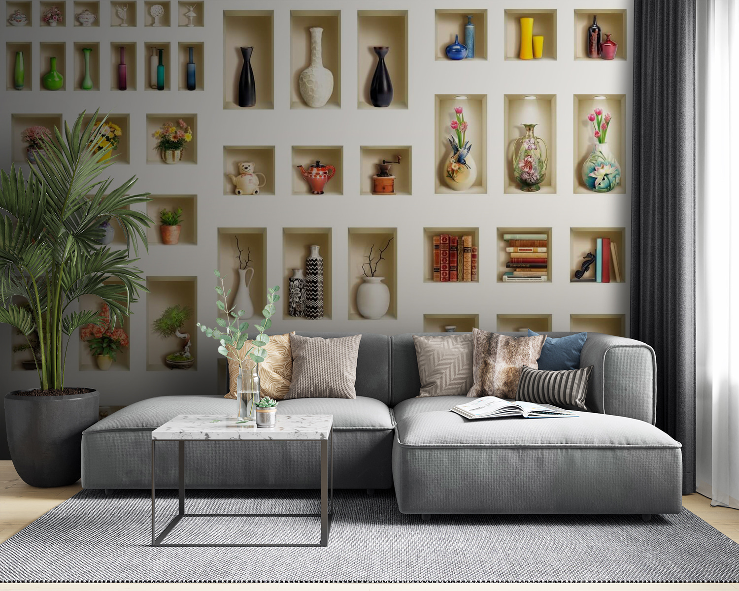 Wall with shelves full of vases and flowers Wall with shelves full of vases and flowers