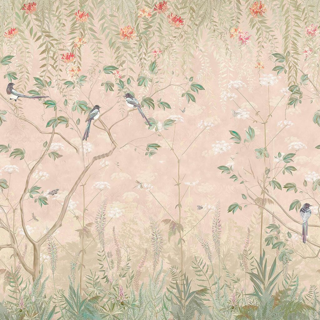 Wall murals Wallpaper with birds on trees and flowers Wall murals Wallpaper with birds on trees and flowers