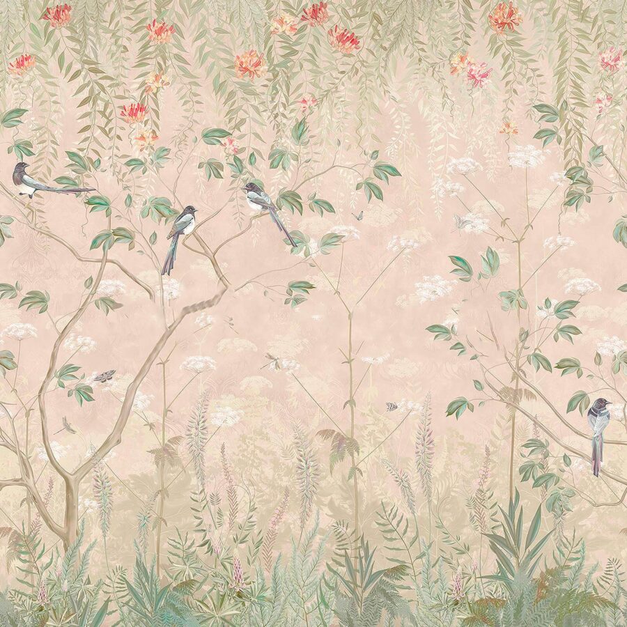 Wall murals Wallpaper with birds on trees and flowers Wall murals Wallpaper with birds on trees and flowers