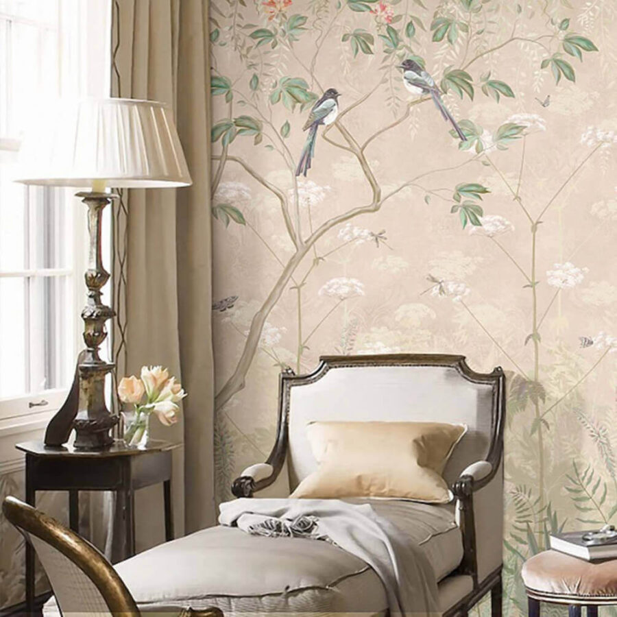 Wall murals Wallpaper with birds on trees and flowers Wall murals Wallpaper with birds on trees and flowers
