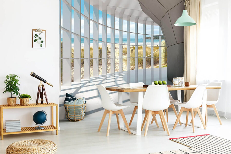 Fotobehang Grote kamer met ramen en uitzicht op het strand