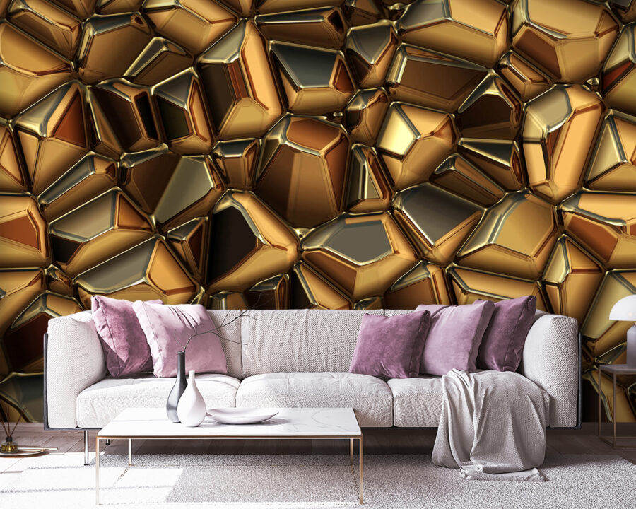 Fotobehang Metallic oppervlak met structuur en unieke vormen. - Afbeelding 3