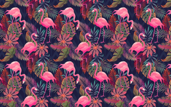 Een patroon van roze flamingo's en bladeren Een patroon van roze flamingo's en bladeren