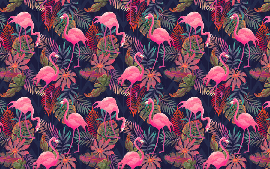 Fotobehang Een patroon van roze flamingo's en bladeren - Afbeelding 5