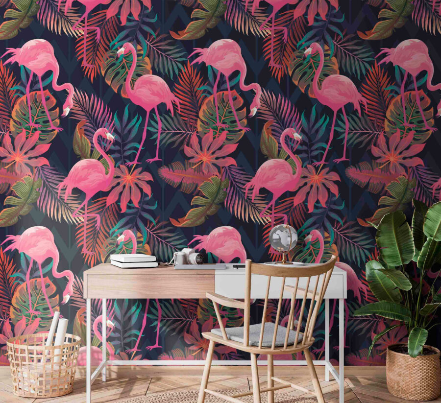 Fotobehang Een patroon van roze flamingo's en bladeren
