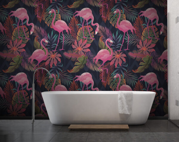 Een patroon van roze flamingo's en bladeren Een patroon van roze flamingo's en bladeren