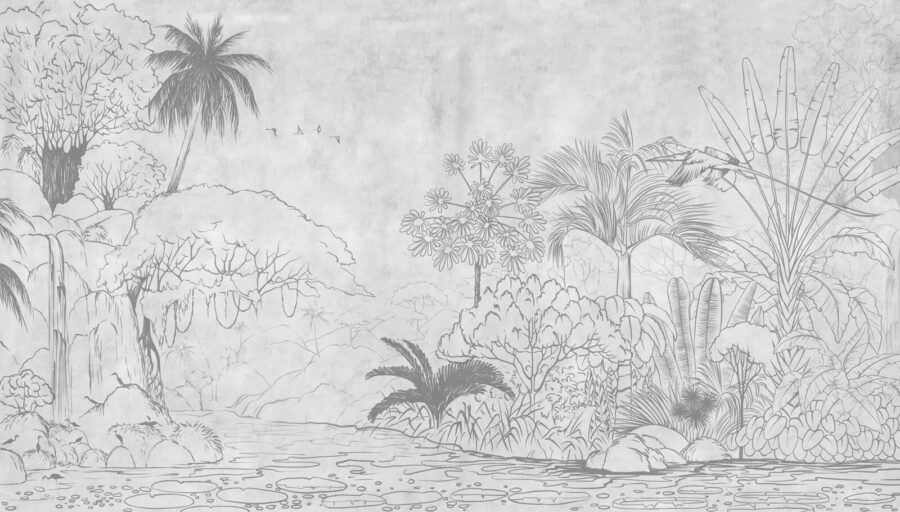 Tekening van een rivier met bomen en planten
