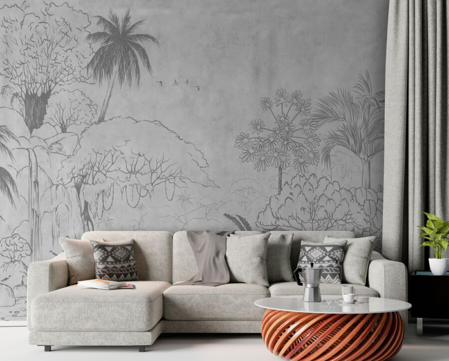 Tekening van een rivier met bomen en planten