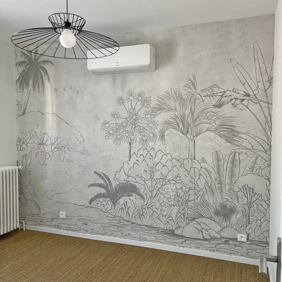 Tekening van een rivier met bomen en planten