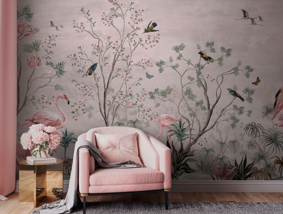 Behang met vogels en planten