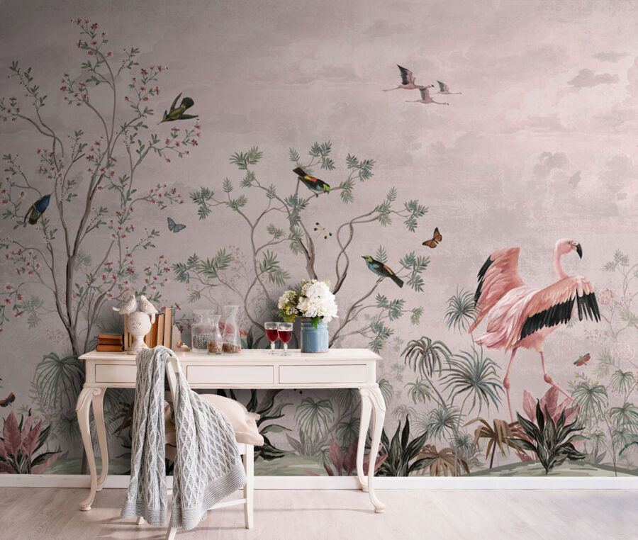 Behang met vogels en planten