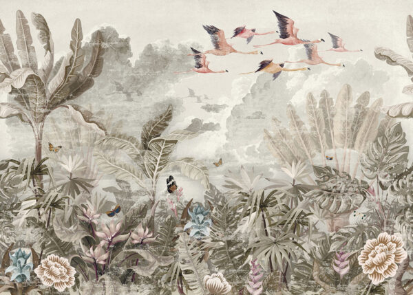 Mural of birds flying over a forest Mural of birds flying over a forest