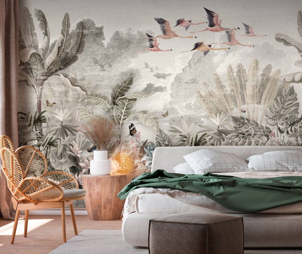 Mural of birds flying over a forest Mural of birds flying over a forest