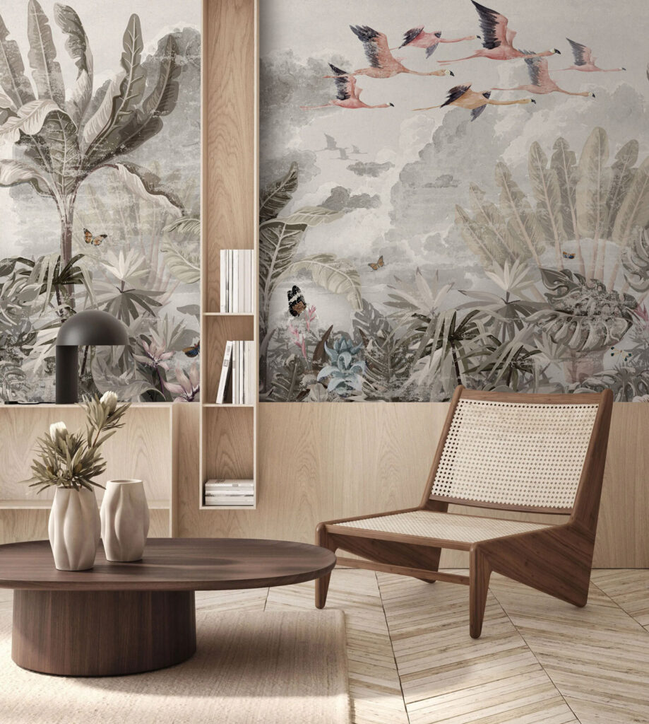 Mural of birds flying over a forest Mural of birds flying over a forest
