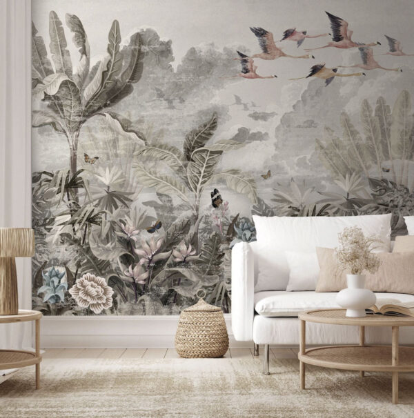 Mural of birds flying over a forest Mural of birds flying over a forest