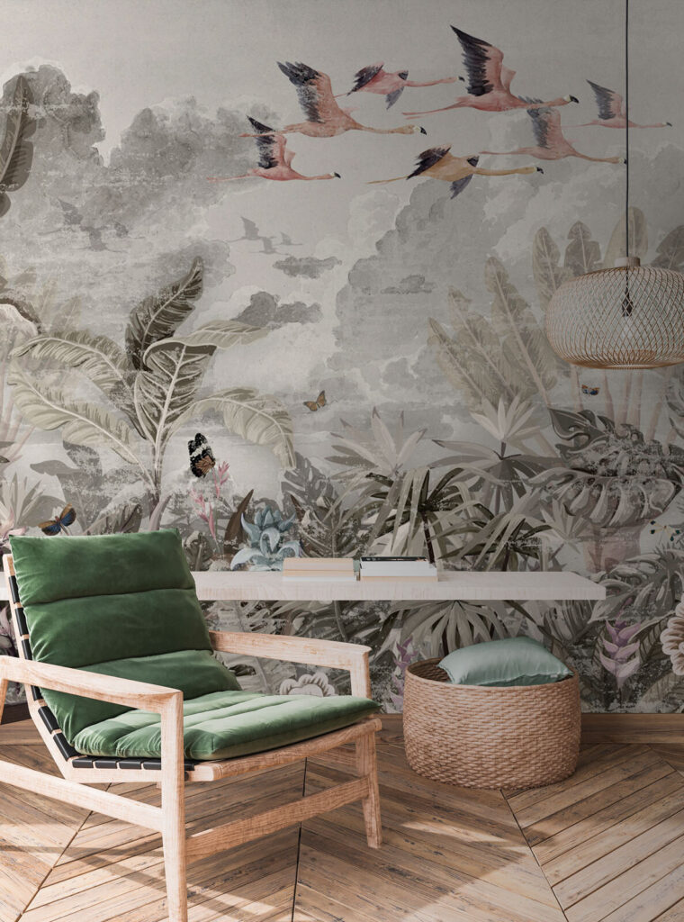 Mural of birds flying over a forest Mural of birds flying over a forest
