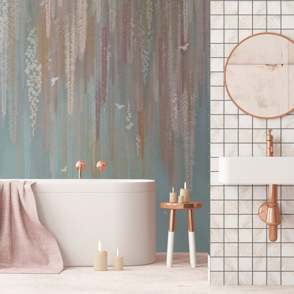 Wallpaper with a pattern of leaves and birds Wallpaper with a pattern of leaves and birds