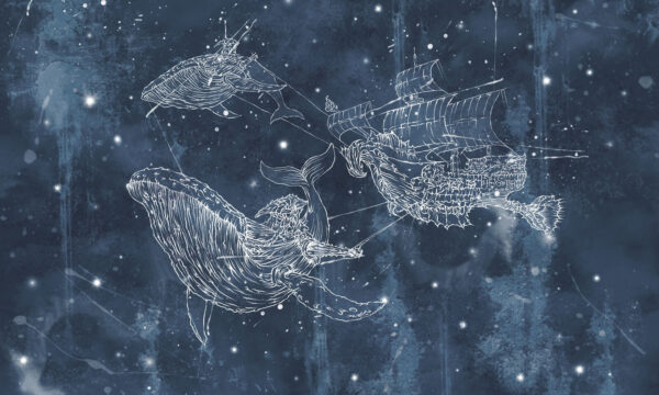 Tekening van een walvis en een schip Tekening van een walvis en een schip