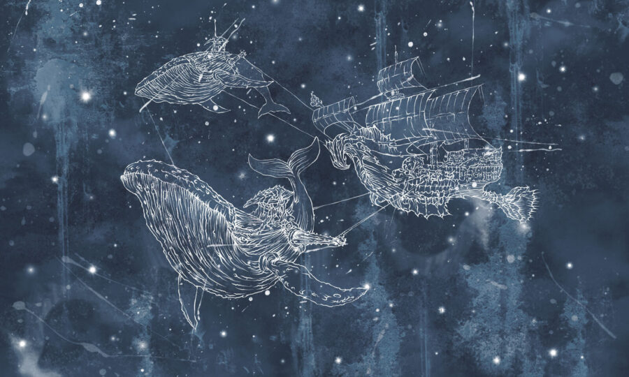 Tekening van een walvis en een schip