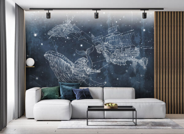 Tekening van een walvis en een schip Tekening van een walvis en een schip