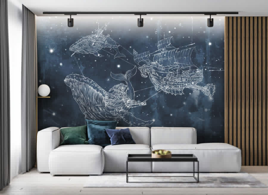 Tekening van een walvis en een schip
